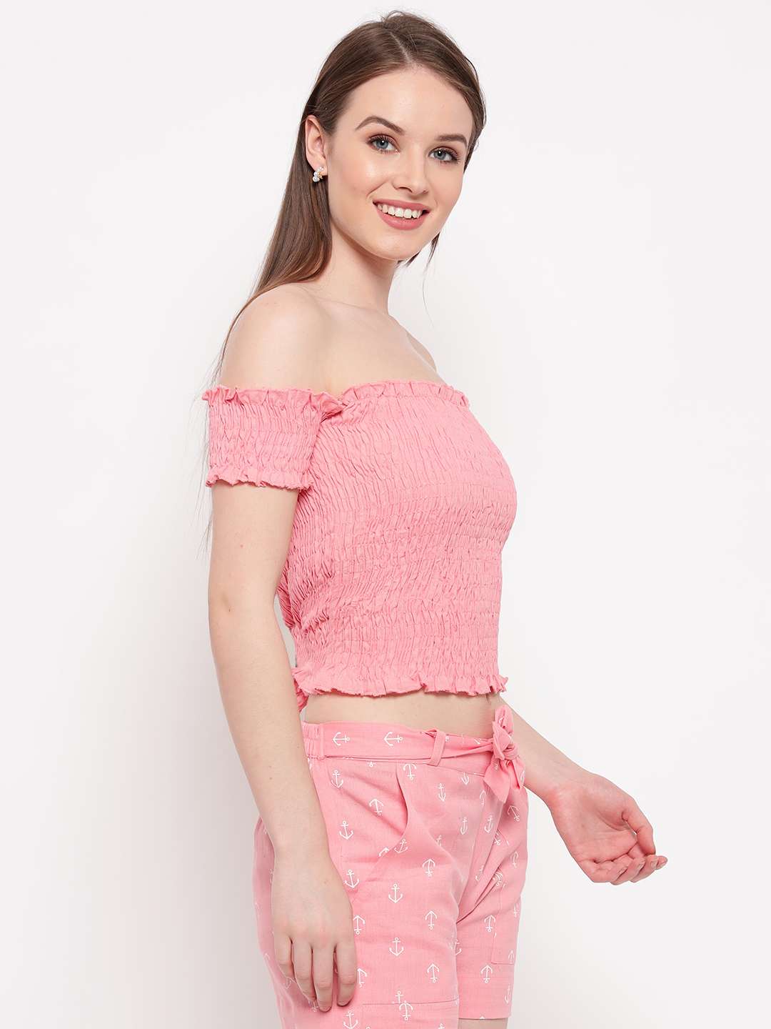 Women's Rayon Solid Off-Shoulder Smocked Crop Top Short Sleeve Casual Styles Tank Top (FREE SIZE) Multi16