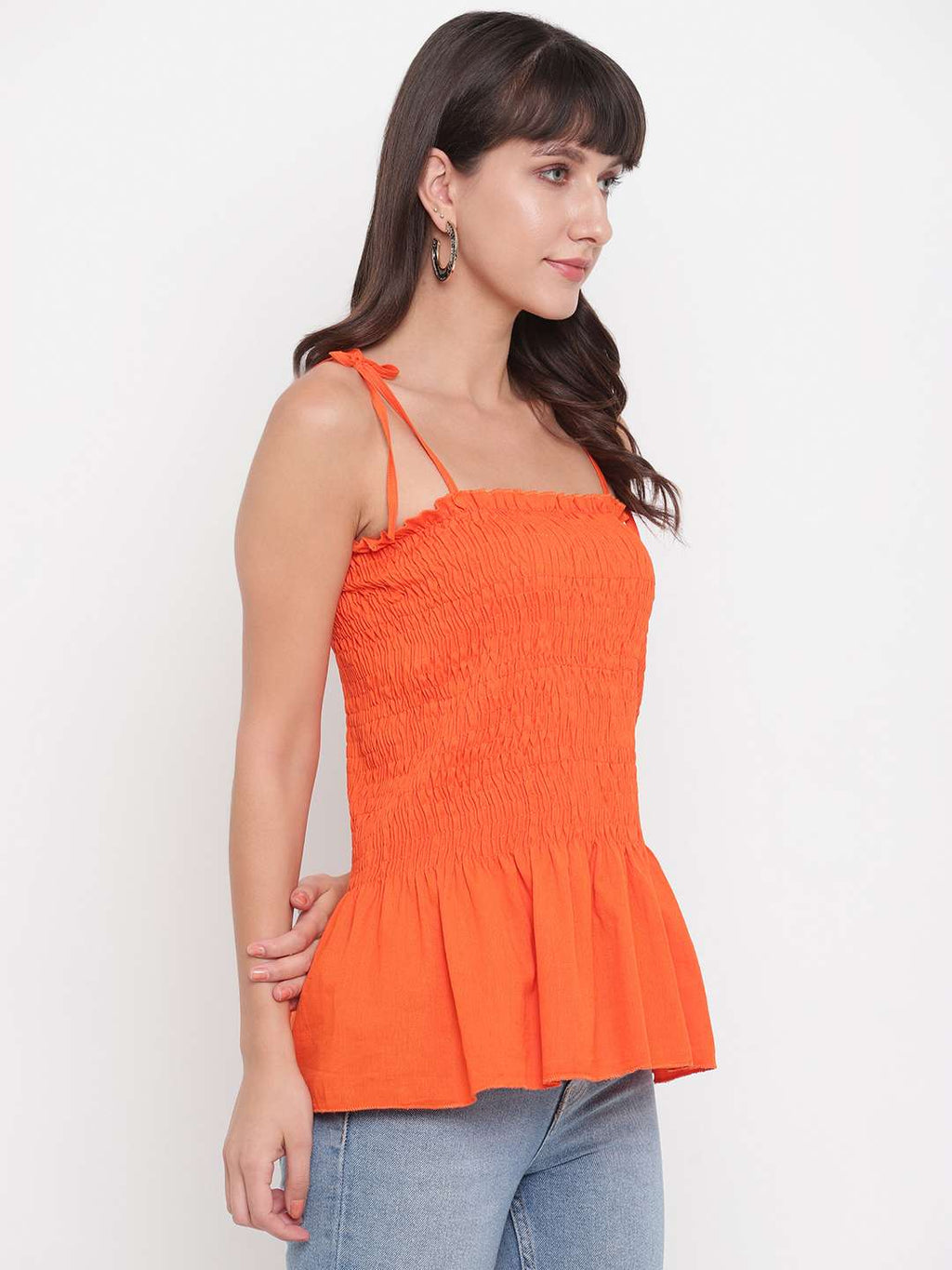 Women's Rayon Solid Casual Summer Style Tie Shoulder Straps Free Size Tank Top (Orange)