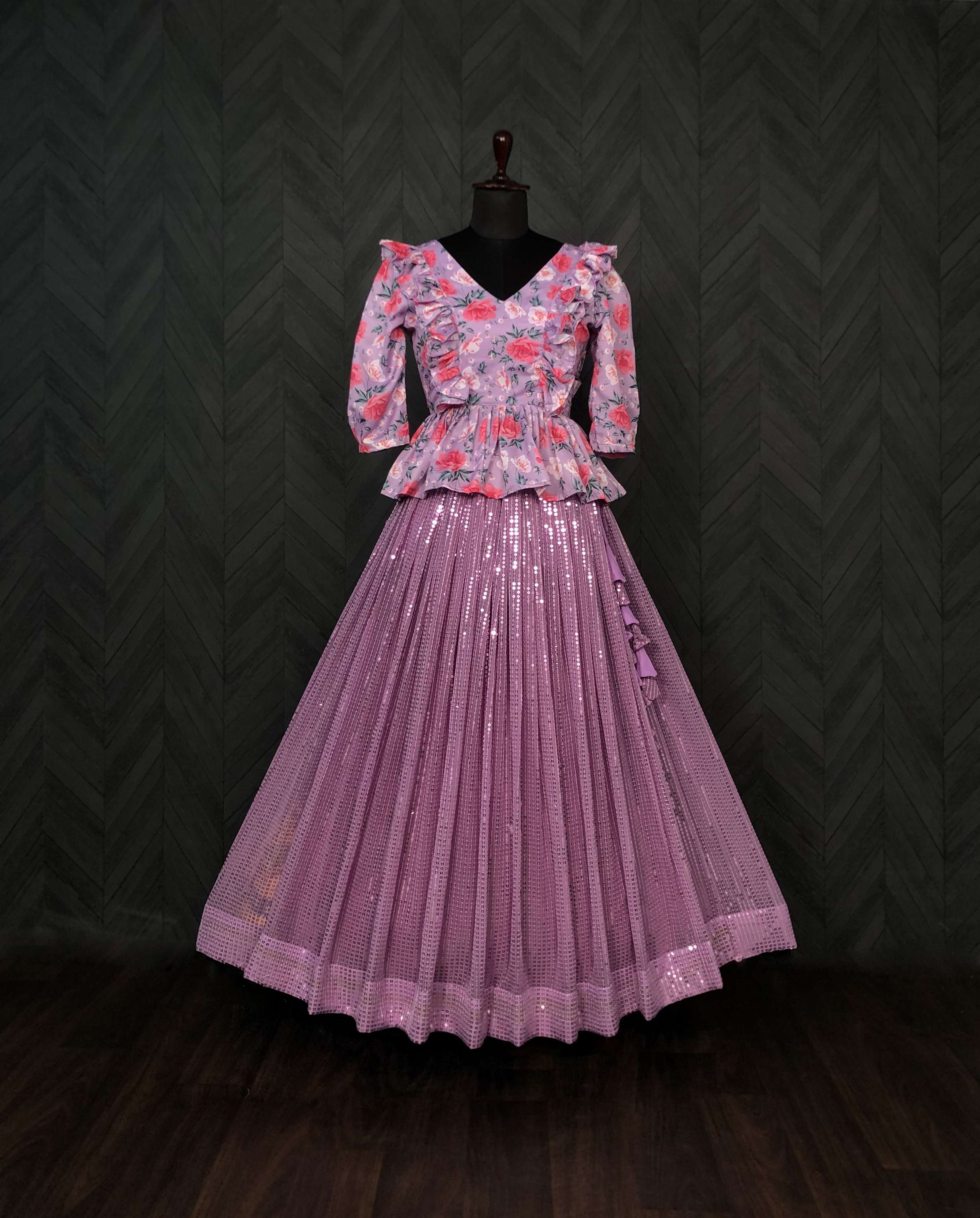 Premium Embroidered Sequins Lehenga Choli with Floral Blouse