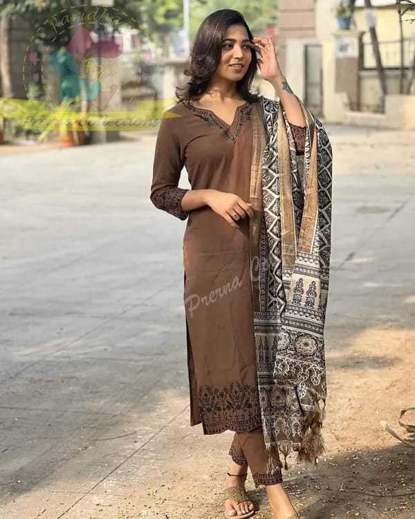 Women Pure Cotton Embroidery Straight Kurti with Pant & Dupatta Set (Brown)