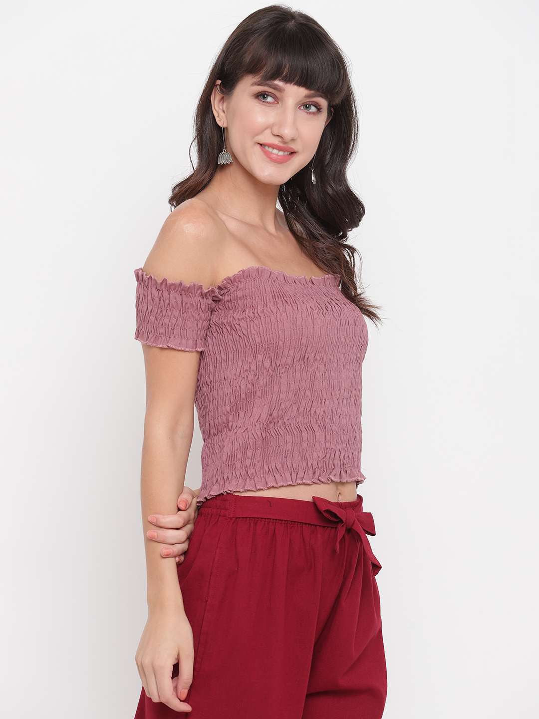 Women's Rayon Solid Off-Shoulder Smocked Crop Top Short Sleeve Casual Styles Tank Top (FREE SIZE) Multi29