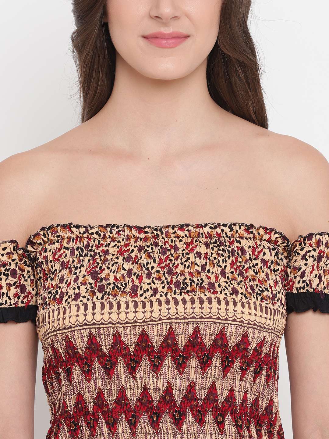 Women's Rayon Printed Off-Shoulder Smocked Crop Top Short Sleeve Casual Styles Tank Top (FREE SIZE) Multi8