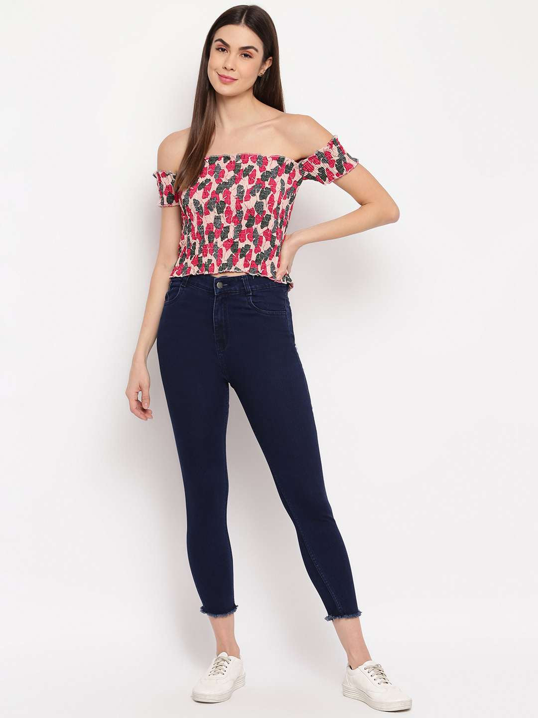 Women's Rayon Printed Off-Shoulder Smocked Crop Top Short Sleeve Casual Styles Tank Top (FREE SIZE) Multi35