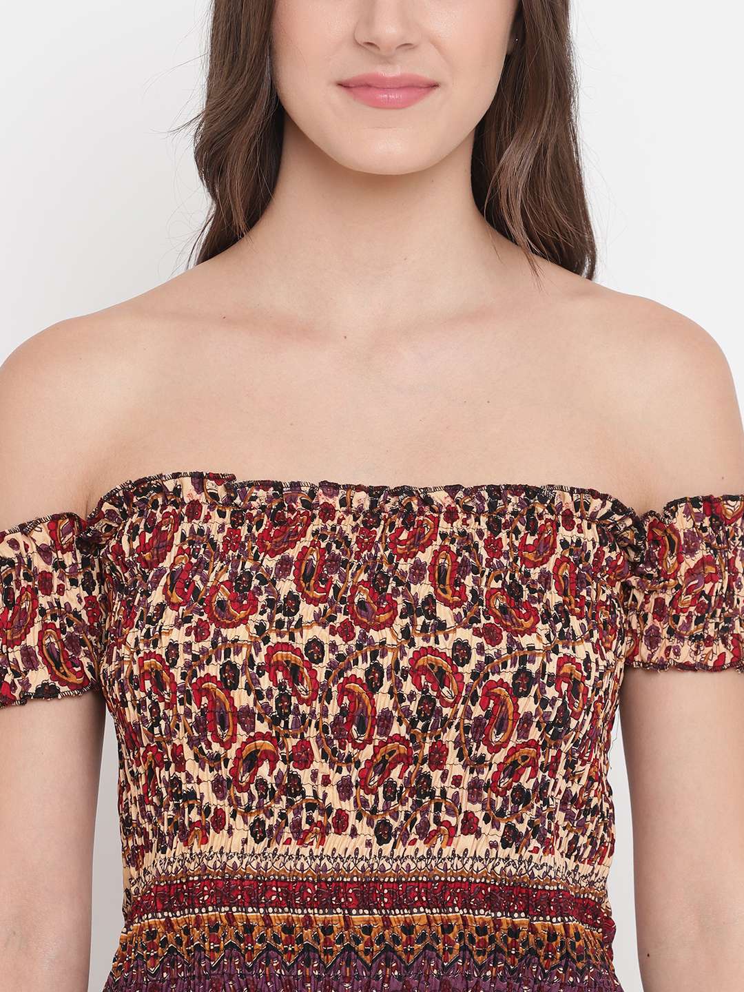 Women's Rayon Printed Off-Shoulder Smocked Crop Top Short Sleeve Casual Styles Tank Top (FREE SIZE) Multi3