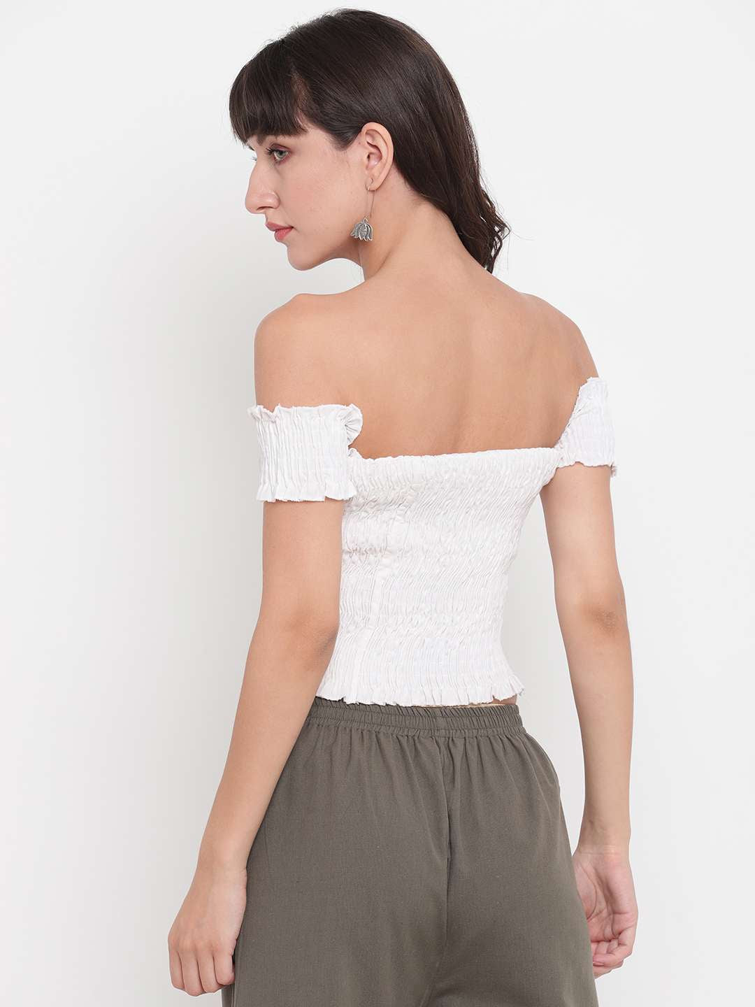 Women's Rayon Solid Off-Shoulder Smocked Crop Top Short Sleeve Casual Styles Tank Top (FREE SIZE) Multi30