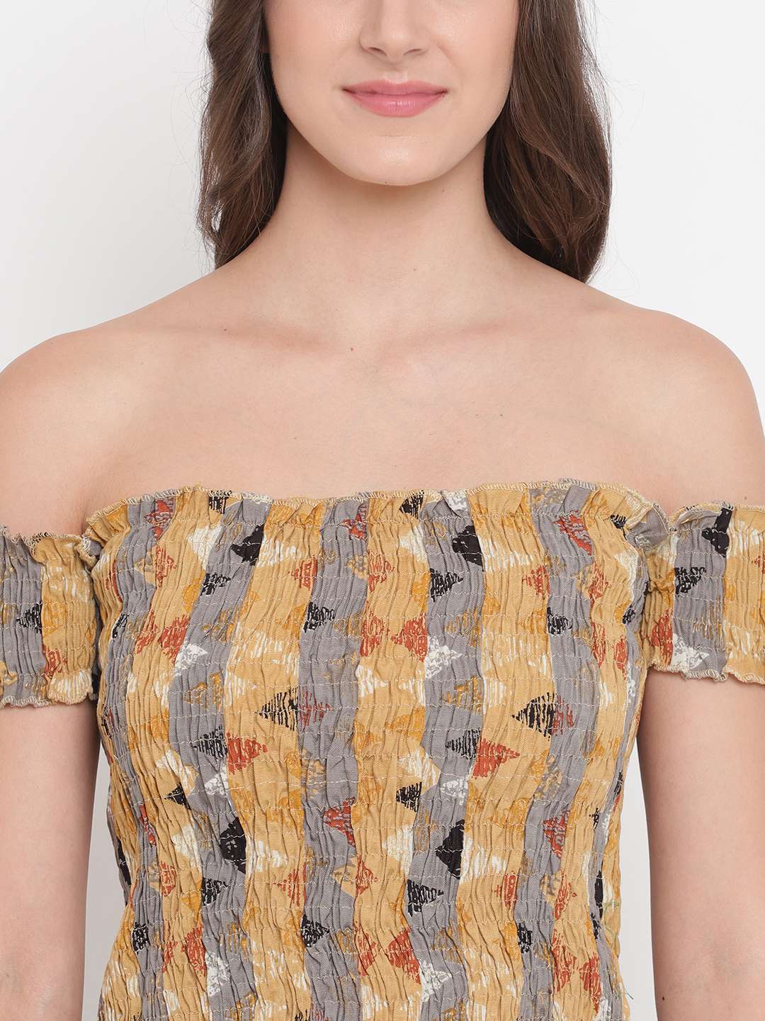 Women's Rayon Printed Off-Shoulder Smocked Crop Top Short Sleeve Casual Styles Tank Top (FREE SIZE) Multi40