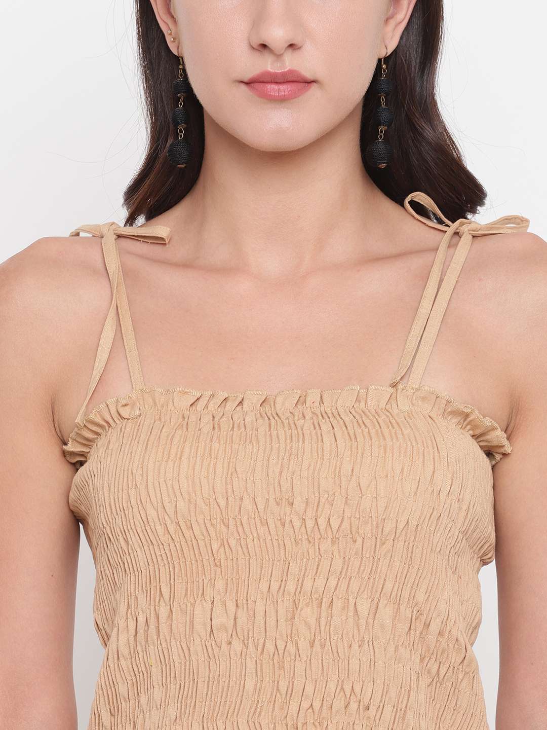 Women's Rayon Solid Casual Summer Style Tie Shoulder Straps Free Size Tank Top (Cream)