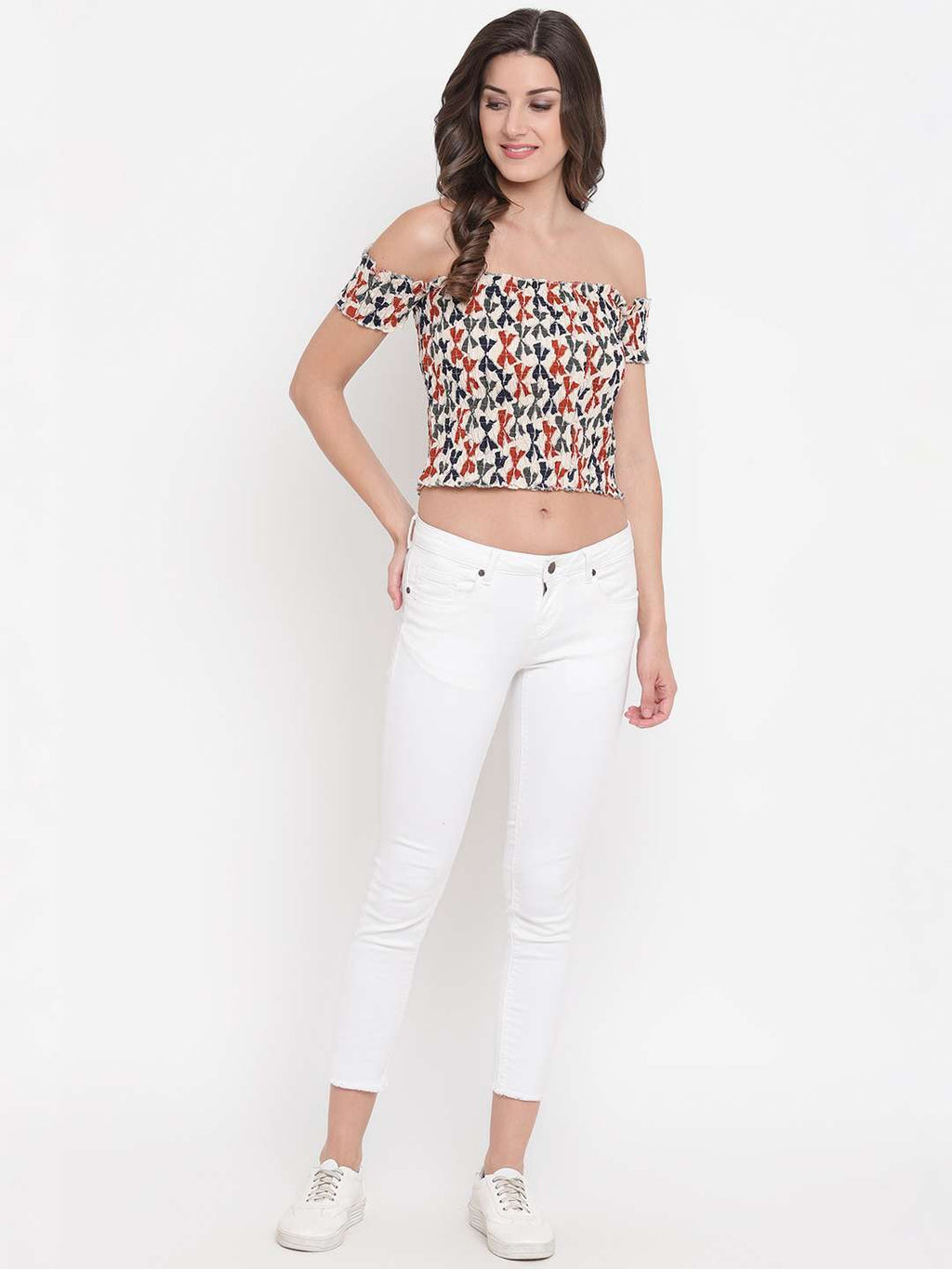 Women's Rayon Printed Off-Shoulder Smocked Crop Top Short Sleeve Casual Styles Tank Top (FREE SIZE) Multi46