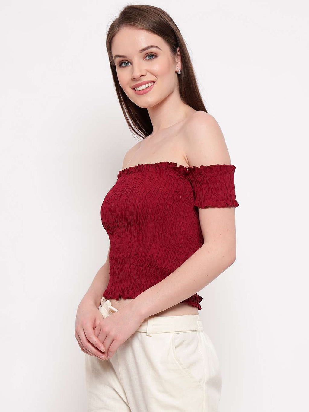 Women's Rayon Solid Off-Shoulder Smocked Crop Top Short Sleeve Casual Styles Tank Top (FREE SIZE) Multi23