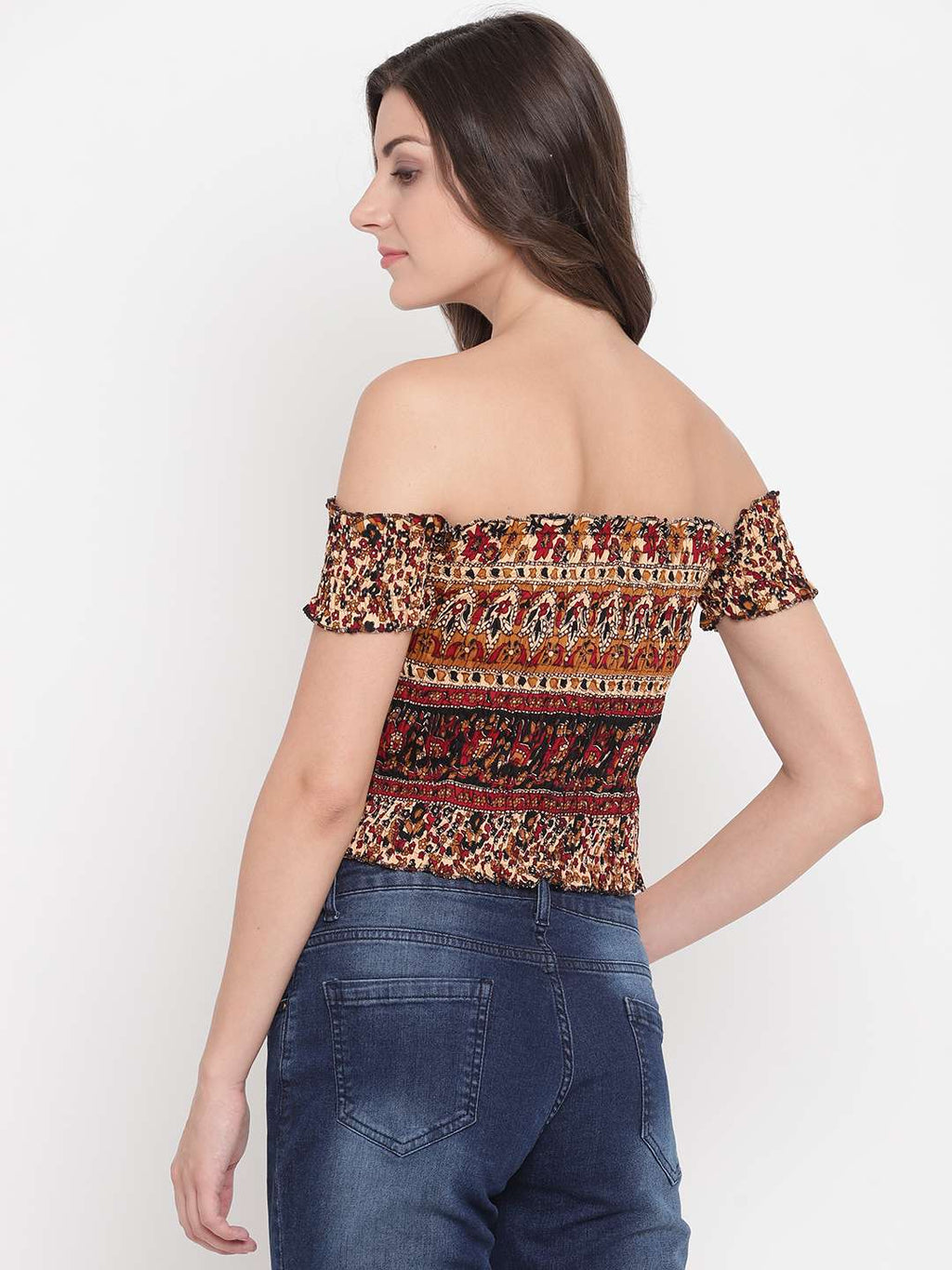 Women's Rayon Printed Off-Shoulder Smocked Crop Top Short Sleeve Casual Styles Tank Top (FREE SIZE) Multi7