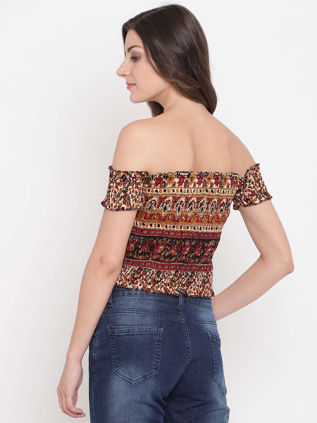 Women's Rayon Printed Off-Shoulder Smocked Crop Top Short Sleeve Casual Styles Tank Top (FREE SIZE) Multi7