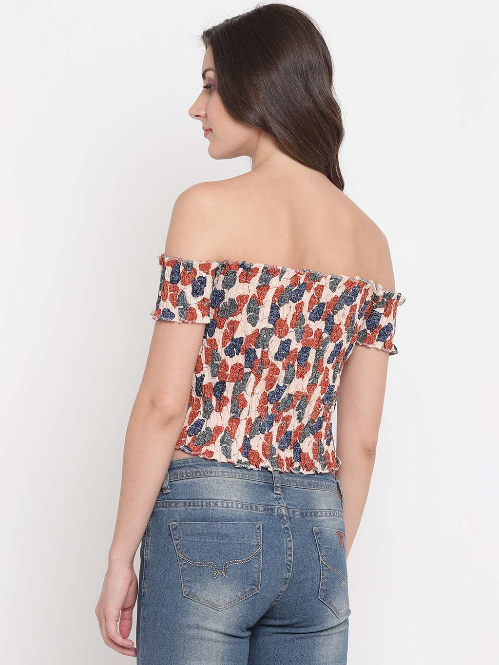 Women's Rayon Printed Off-Shoulder Smocked Crop Top Short Sleeve Casual Styles Tank Top (FREE SIZE) Multi45