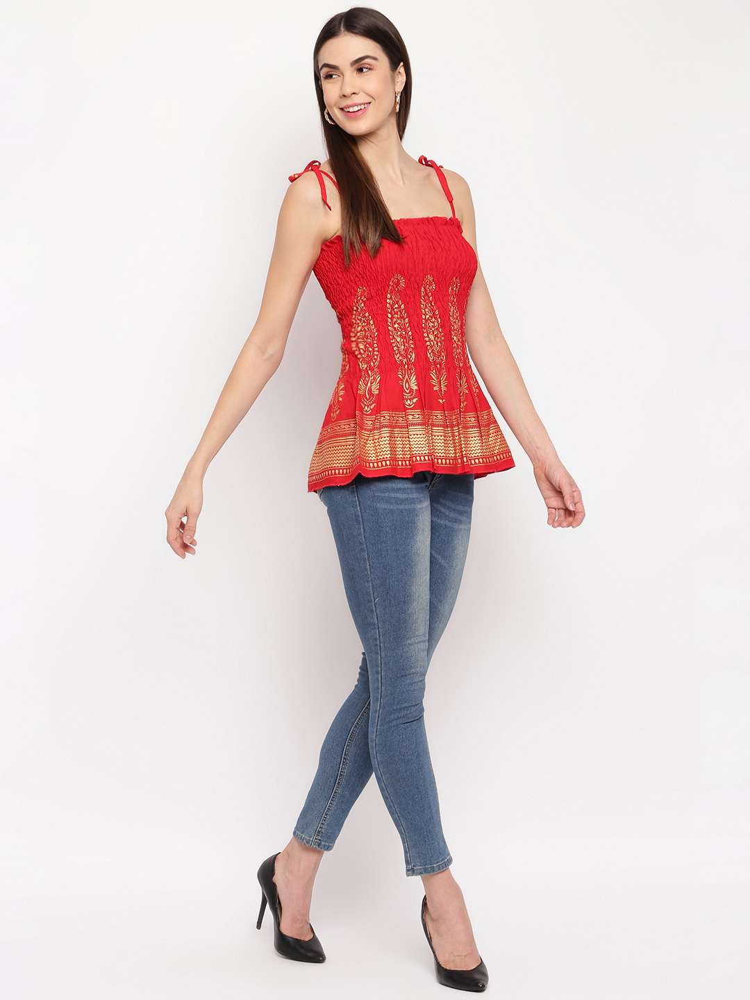 Women's Rayon Buta Printed Casual Summer Style Tie Shoulder Straps Free Size Tank Top ( Red Gold Pattern)