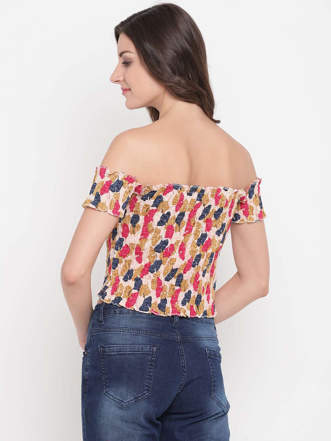 Women's Rayon Printed Off-Shoulder Smocked Crop Top Short Sleeve Casual Styles Tank Top (FREE SIZE) Multi32