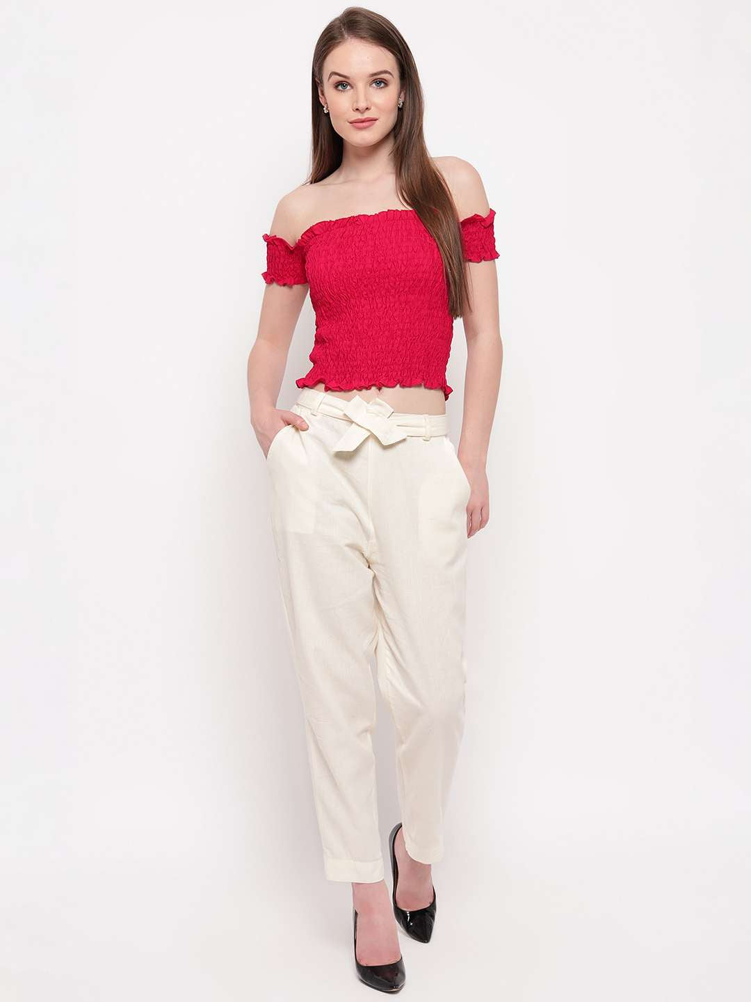 Women's Rayon Solid Off-Shoulder Smocked Crop Top Short Sleeve Casual Styles Tank Top (FREE SIZE) Multi26