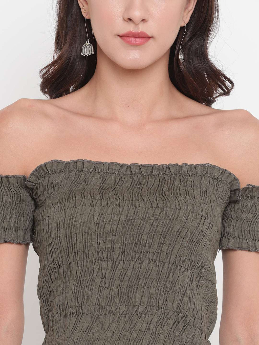 Women's Rayon Solid Off-Shoulder Smocked Crop Top Short Sleeve Casual Styles Tank Top (FREE SIZE) Multi15