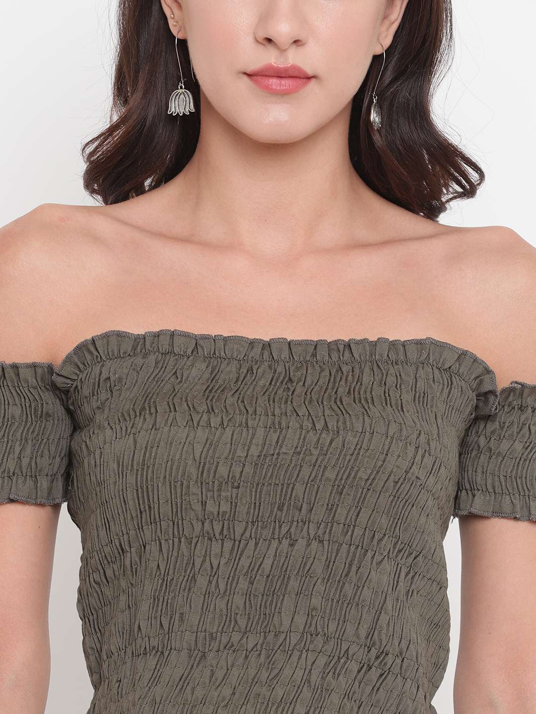 Women's Rayon Solid Off-Shoulder Smocked Crop Top Short Sleeve Casual Styles Tank Top (FREE SIZE) Multi15