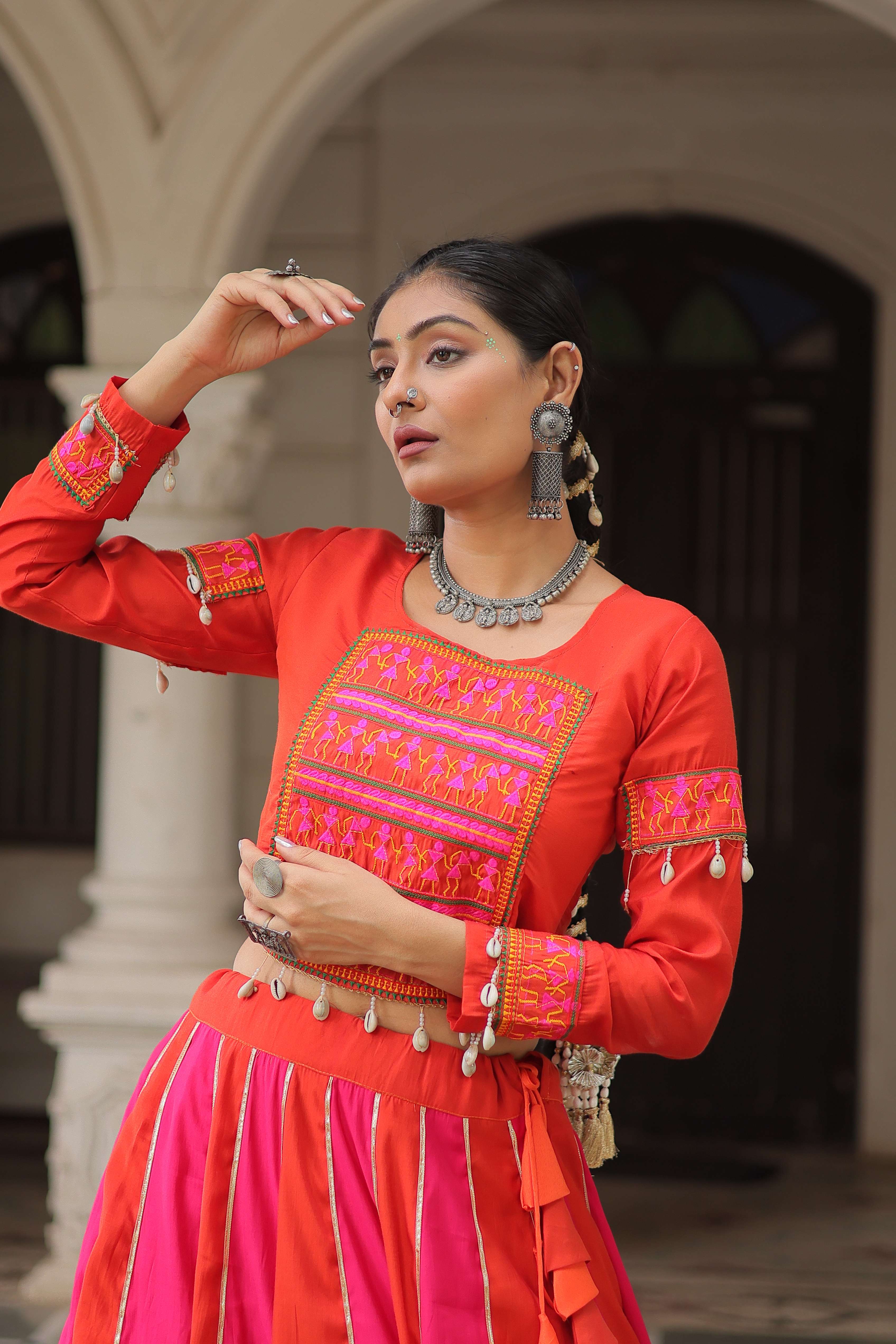 Roman Fabric Mirror-Embellished Navratri Lehenga Choli Set