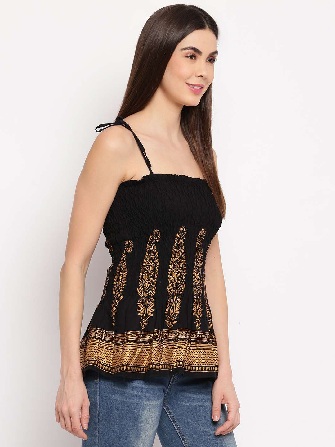 Women's Rayon Buta Printed Casual Summer Style Tie Shoulder Straps Free Size Tank Top ( Black Gold Pattern)