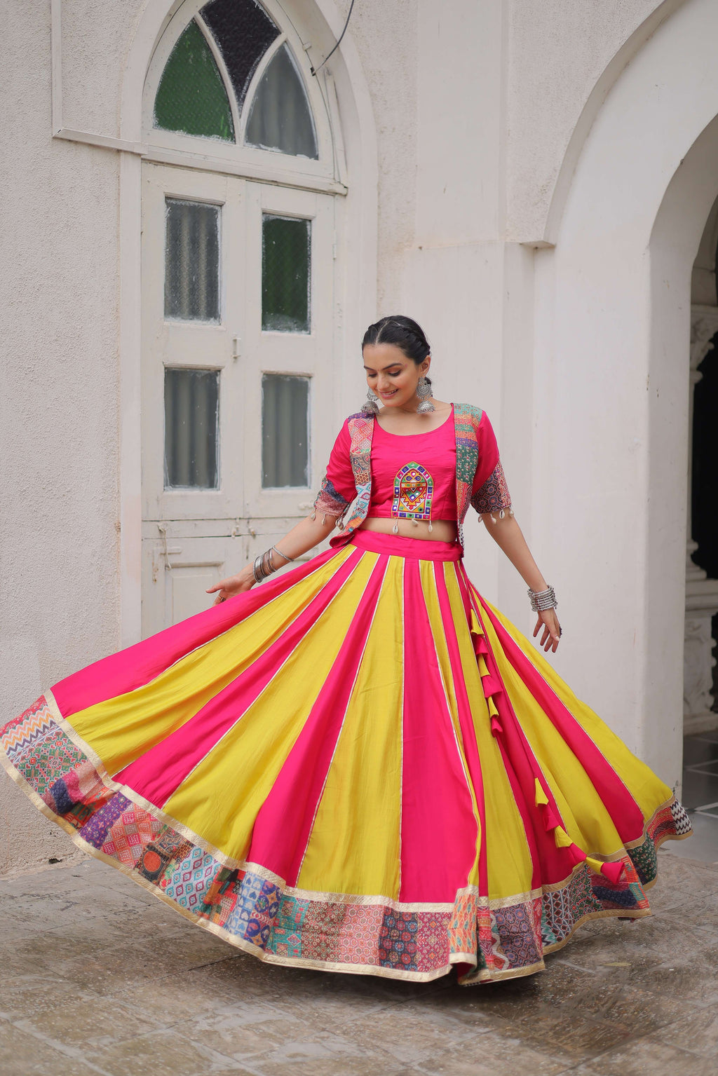 Roman Fabric Maslin Crochet Navratri Lehenga Choli Set