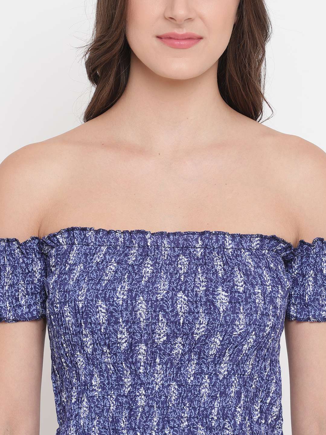 Women's Rayon Printed Off-Shoulder Smocked Crop Top Short Sleeve Casual Styles Tank Top (FREE SIZE) Multi44