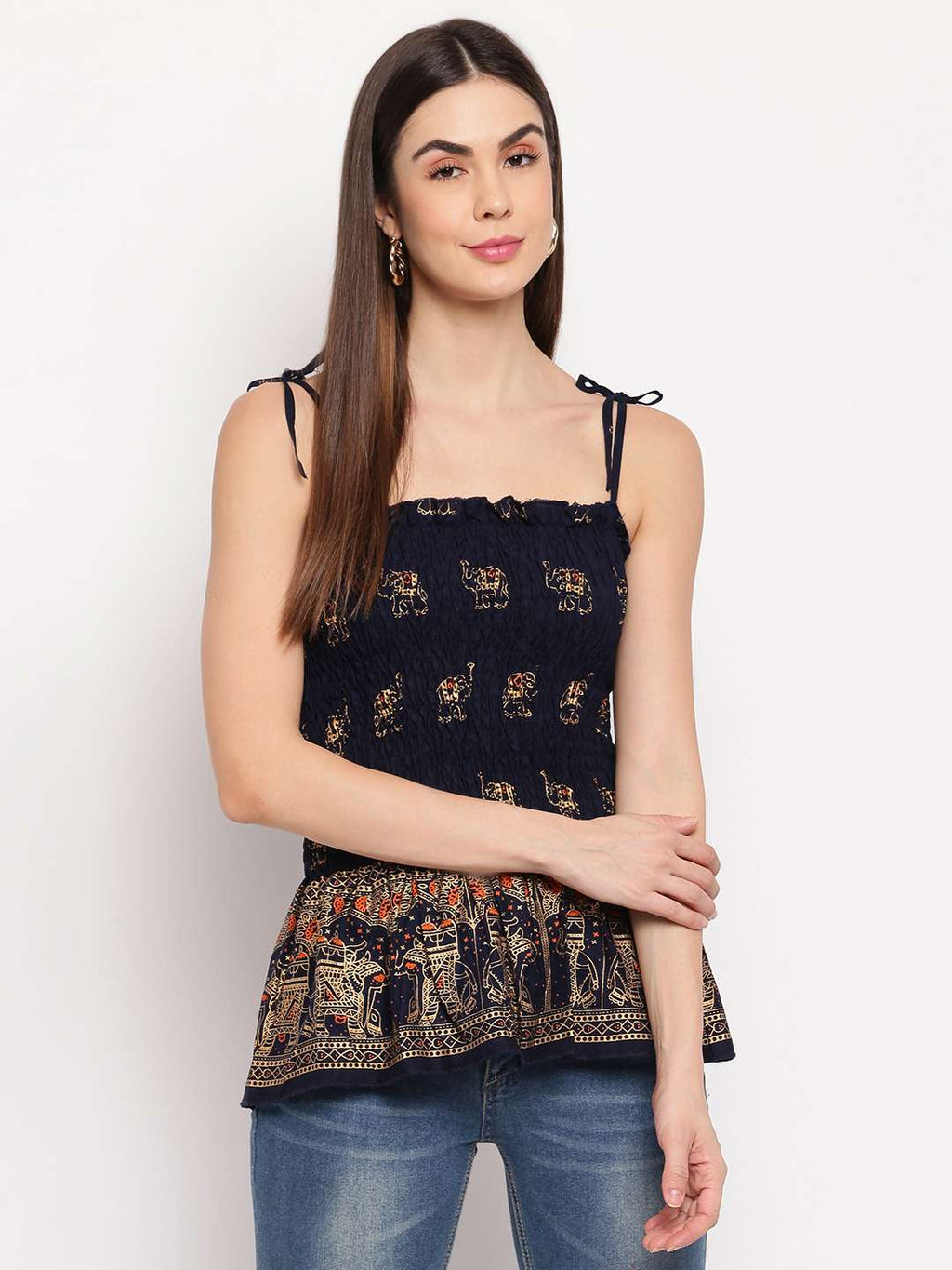 Women's Rayon Elephant Print Casual Summer Style Tie Shoulder Straps Free Size Tank Top ( Navy Blue1 Gold Pattern)