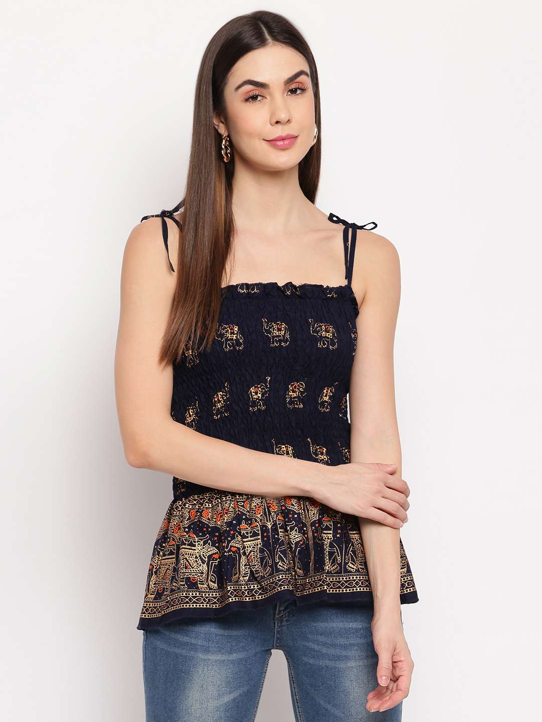 Women's Rayon Elephant Print Casual Summer Style Tie Shoulder Straps Free Size Tank Top ( Navy Blue1 Gold Pattern)
