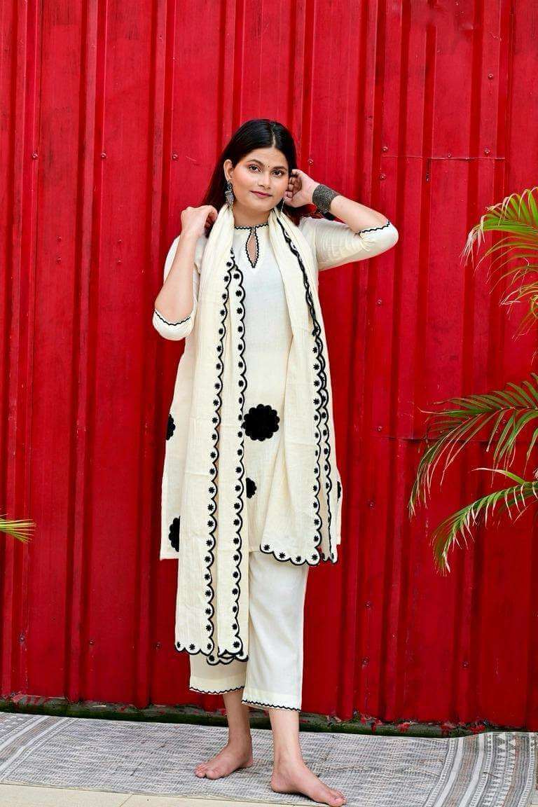Women's Cotton Embroidered Floral patchwork Kurti with pant and Dupatta set