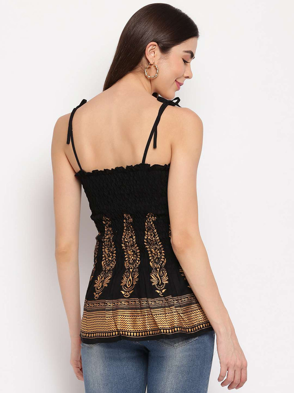 Women's Rayon Buta Printed Casual Summer Style Tie Shoulder Straps Free Size Tank Top ( Black Gold Pattern)