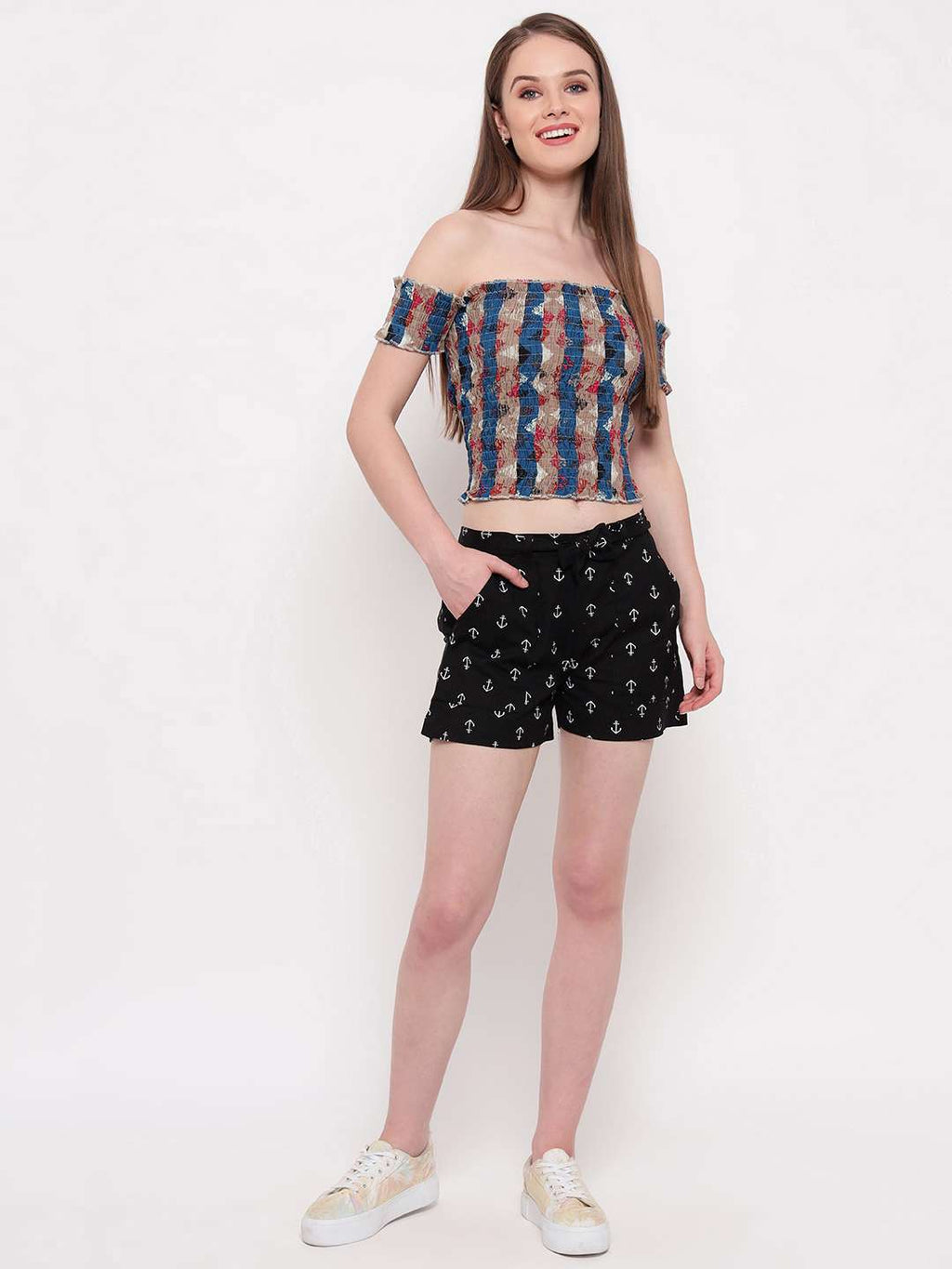 Women's Rayon Printed Off-Shoulder Smocked Crop Top Short Sleeve Casual Styles Tank Top (FREE SIZE) Multi38