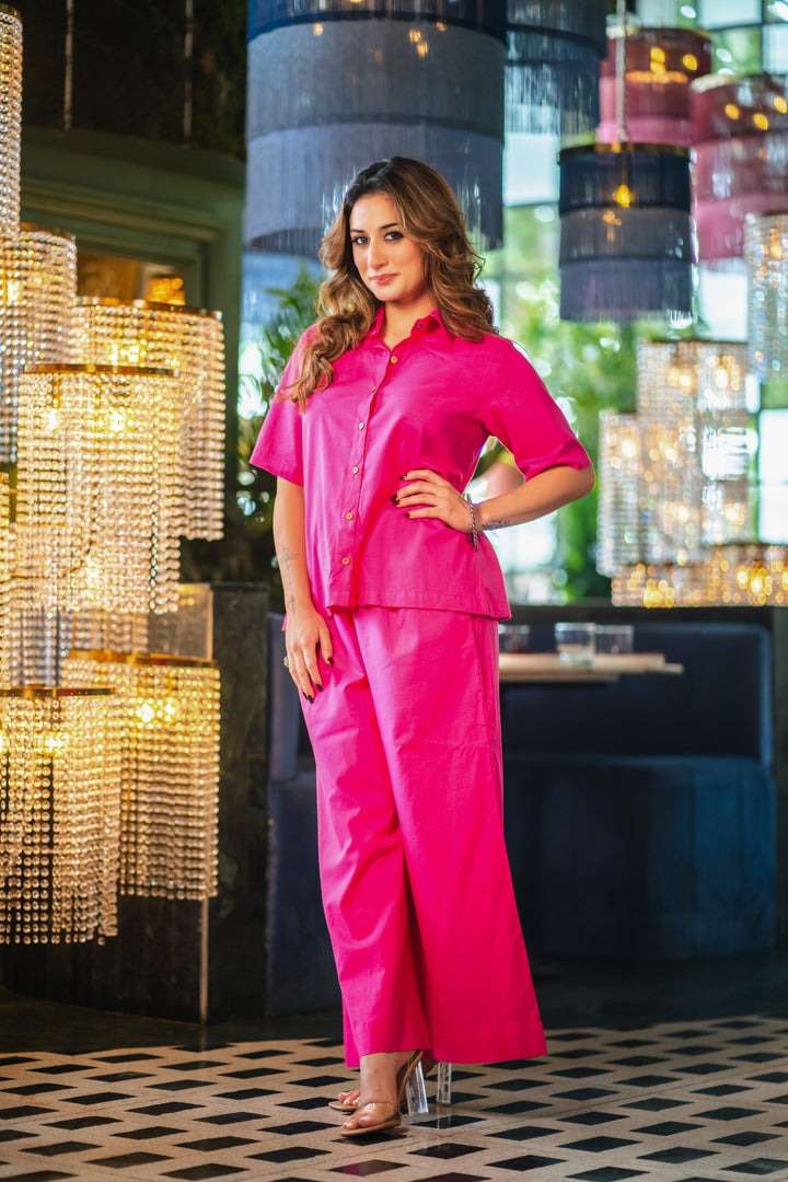 Women's Cotton Plain Straight Short Kurti With Pant Set (Pink-M)