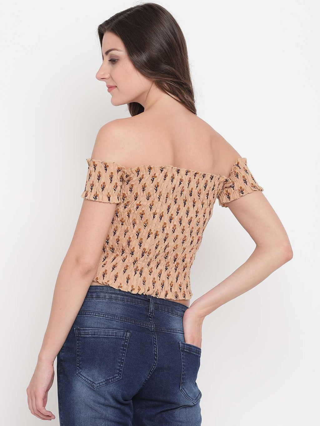 Women's Rayon Printed Off-Shoulder Smocked Crop Top Short Sleeve Casual Styles Tank Top (FREE SIZE) Multi41