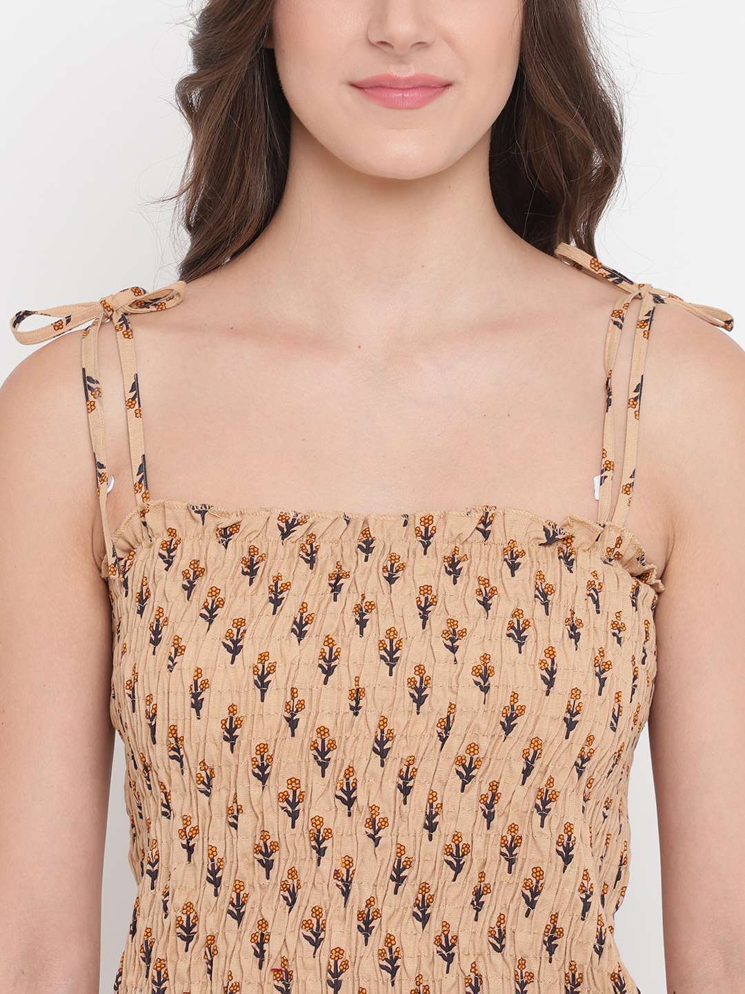 Women's Rayon Elephant Print Casual Summer Style Tie Shoulder Straps Free Size Tank Top ( Brown Beige)