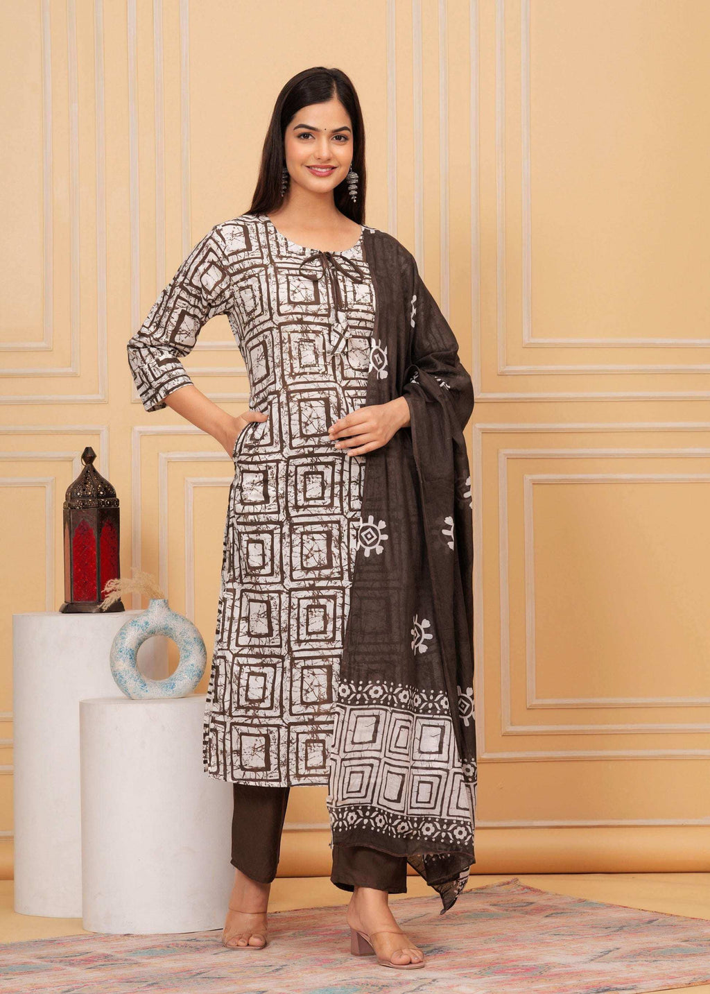 Women's Cotton Hand Block Printed Straight Kurti with Pant and Printed Dupatta