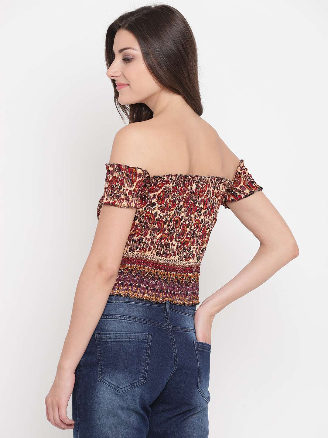 Women's Rayon Printed Off-Shoulder Smocked Crop Top Short Sleeve Casual Styles Tank Top (FREE SIZE) Multi3