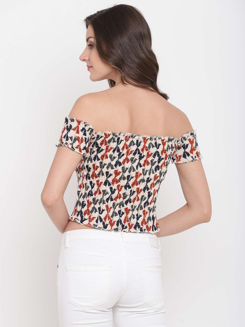 Women's Rayon Printed Off-Shoulder Smocked Crop Top Short Sleeve Casual Styles Tank Top (FREE SIZE) Multi46