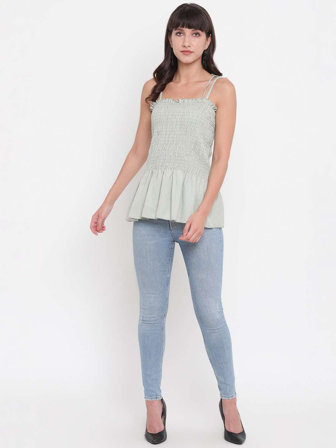 Women's Rayon Solid Casual Summer Style Tie Shoulder Straps Free Size Tank Top (Clouds)