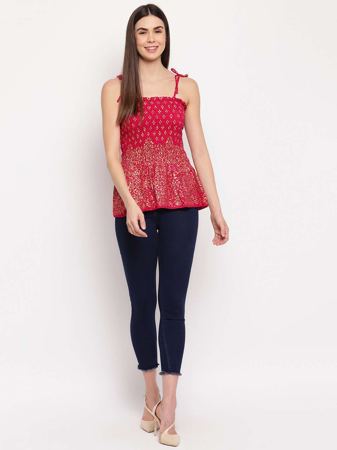 Women's Rayon Floral Printed Casual Summer Style Tie Shoulder Straps Free Size Tank Top ( Maroon Gold Pattern)