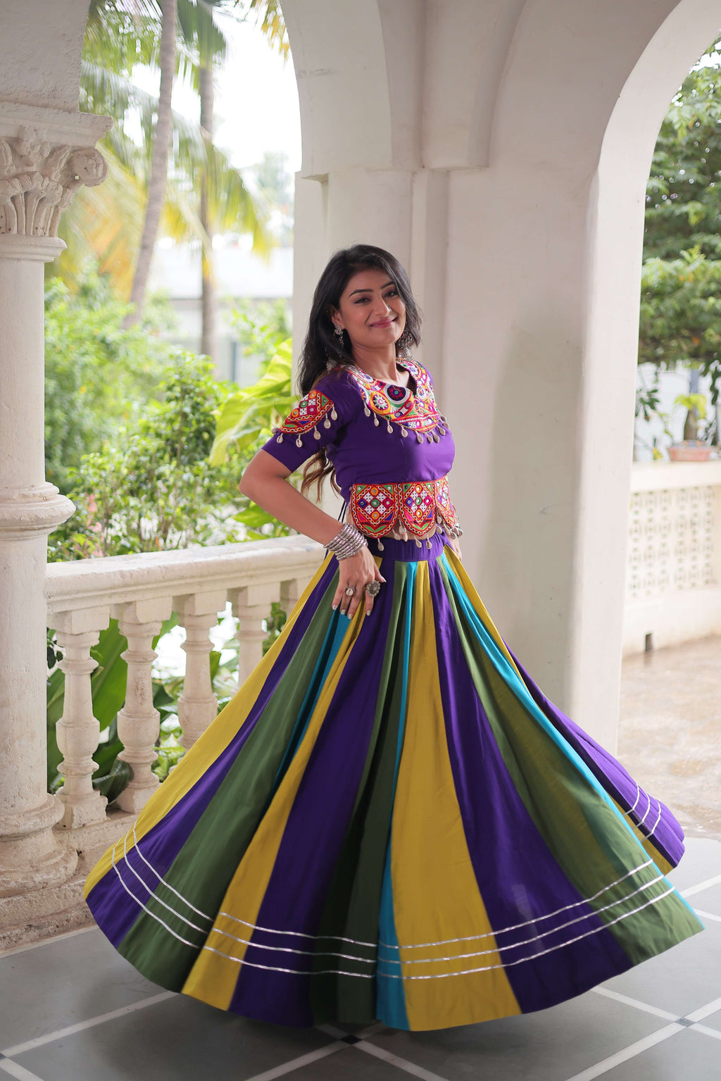 Roman Fabric Navratri Lehenga Choli Set with Mirror & Gota Lace