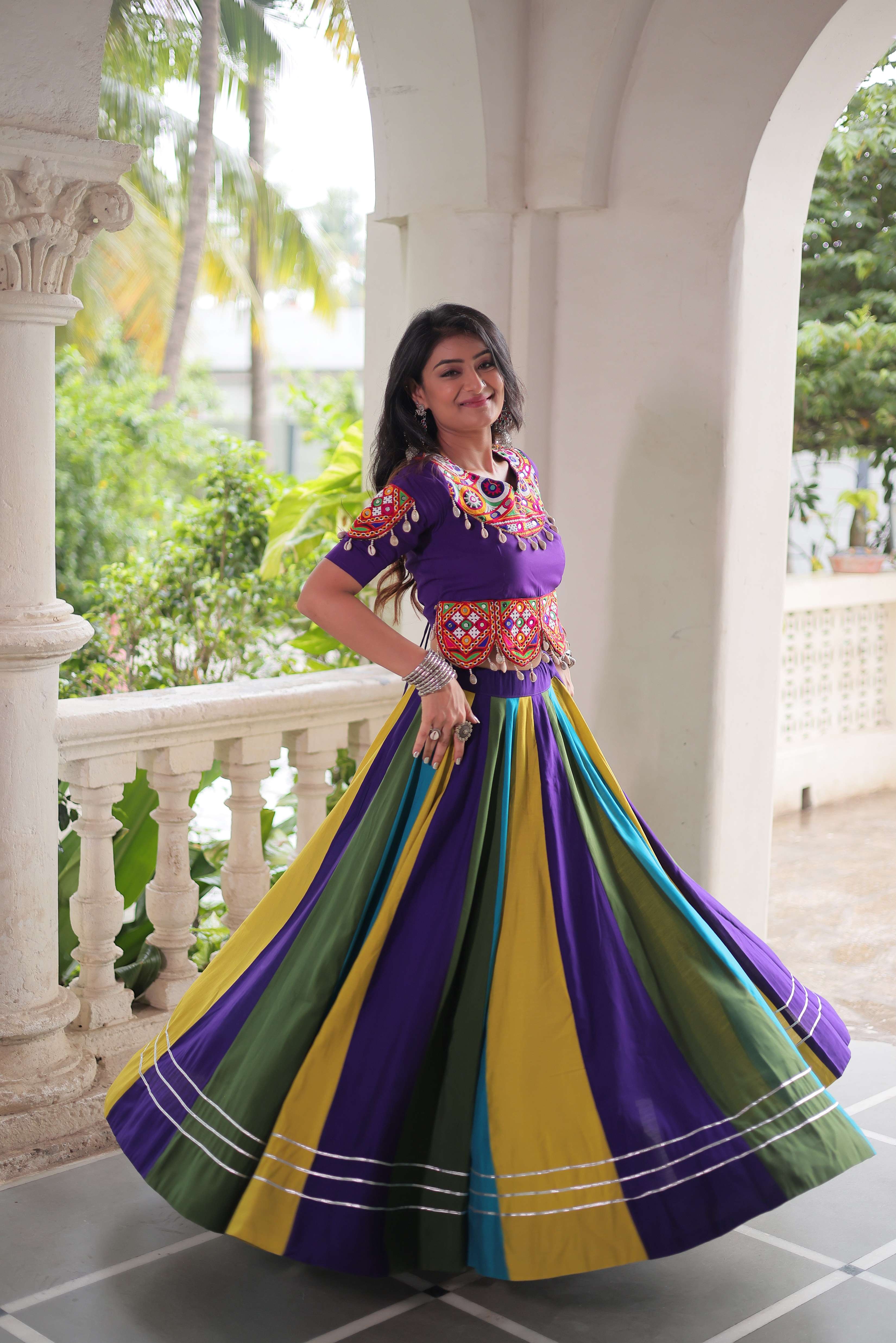 Roman Fabric Navratri Lehenga Choli Set with Mirror & Gota Lace