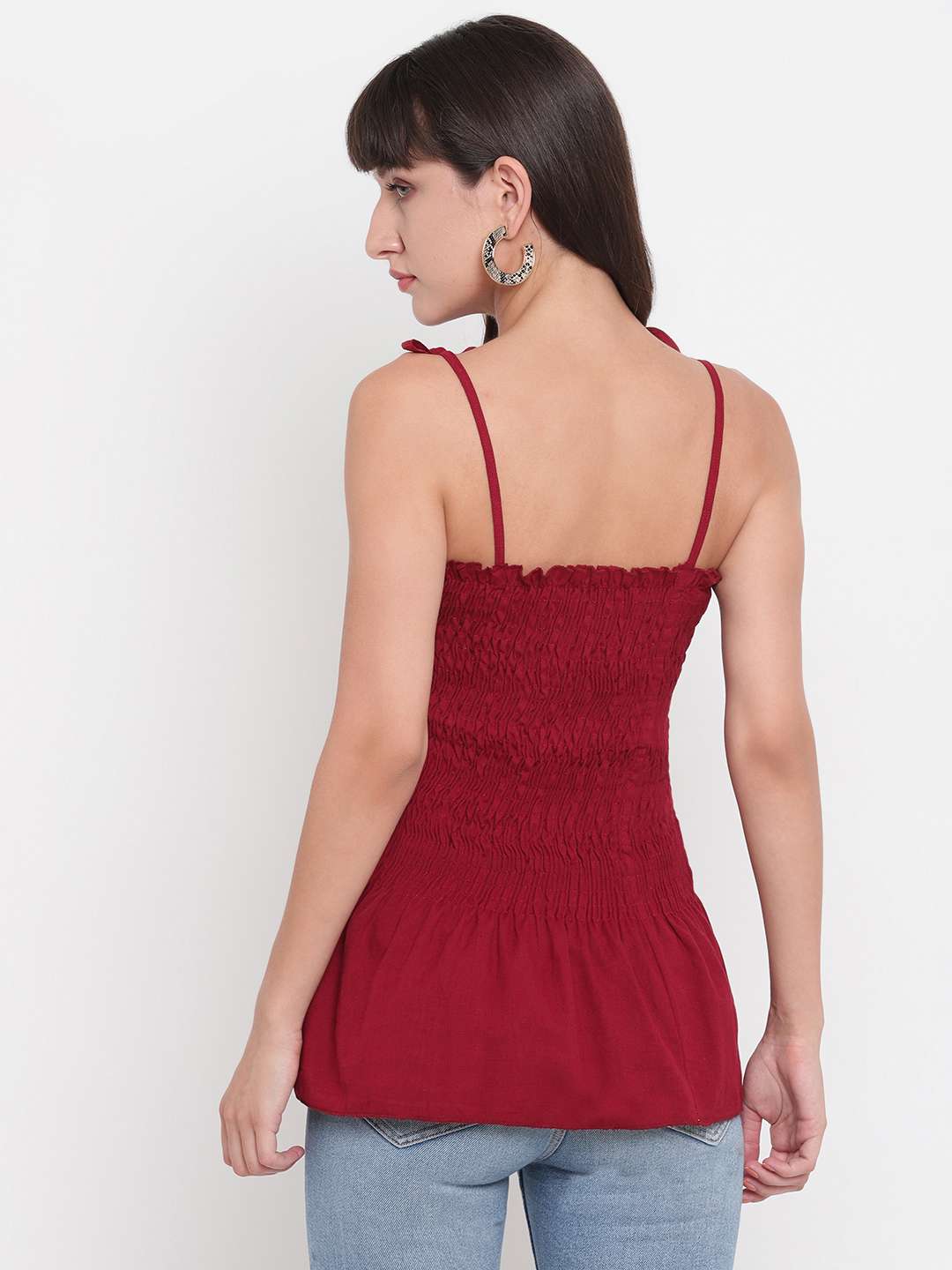 Women's Rayon Solid Casual Summer Style Tie Shoulder Straps Free Size Tank Top (Maroon)