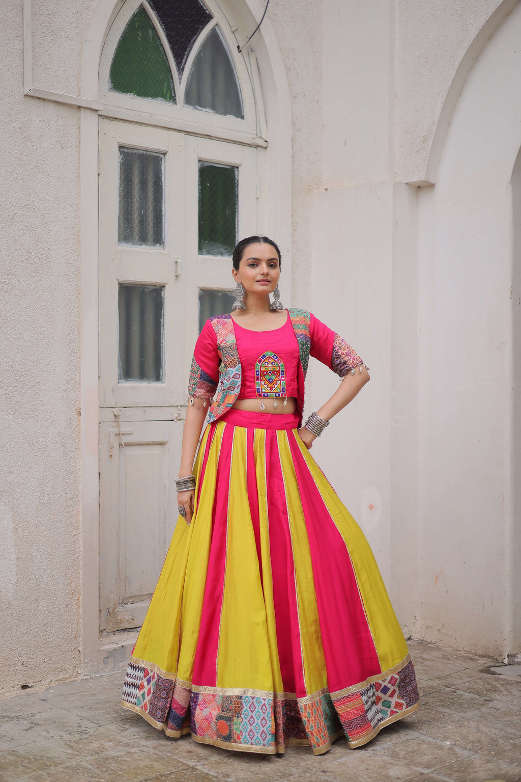 Roman Fabric Maslin Crochet Navratri Lehenga Choli Set