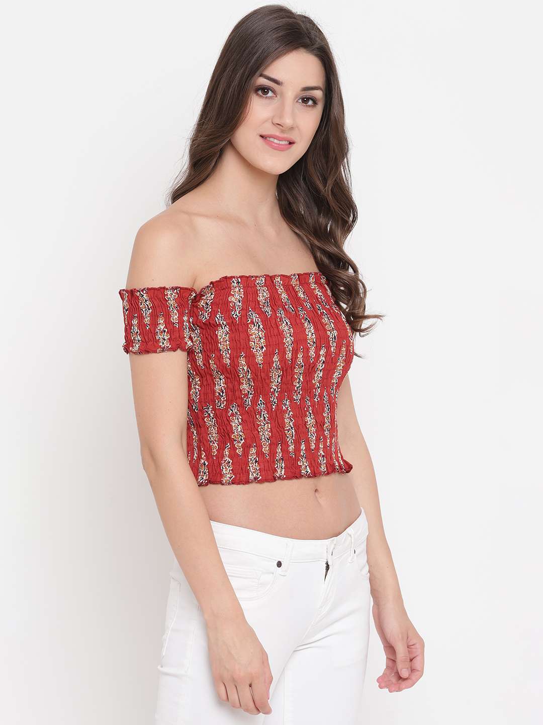 Women's Rayon Printed Off-Shoulder Smocked Crop Top Short Sleeve Casual Styles Tank Top (FREE SIZE) Multi43