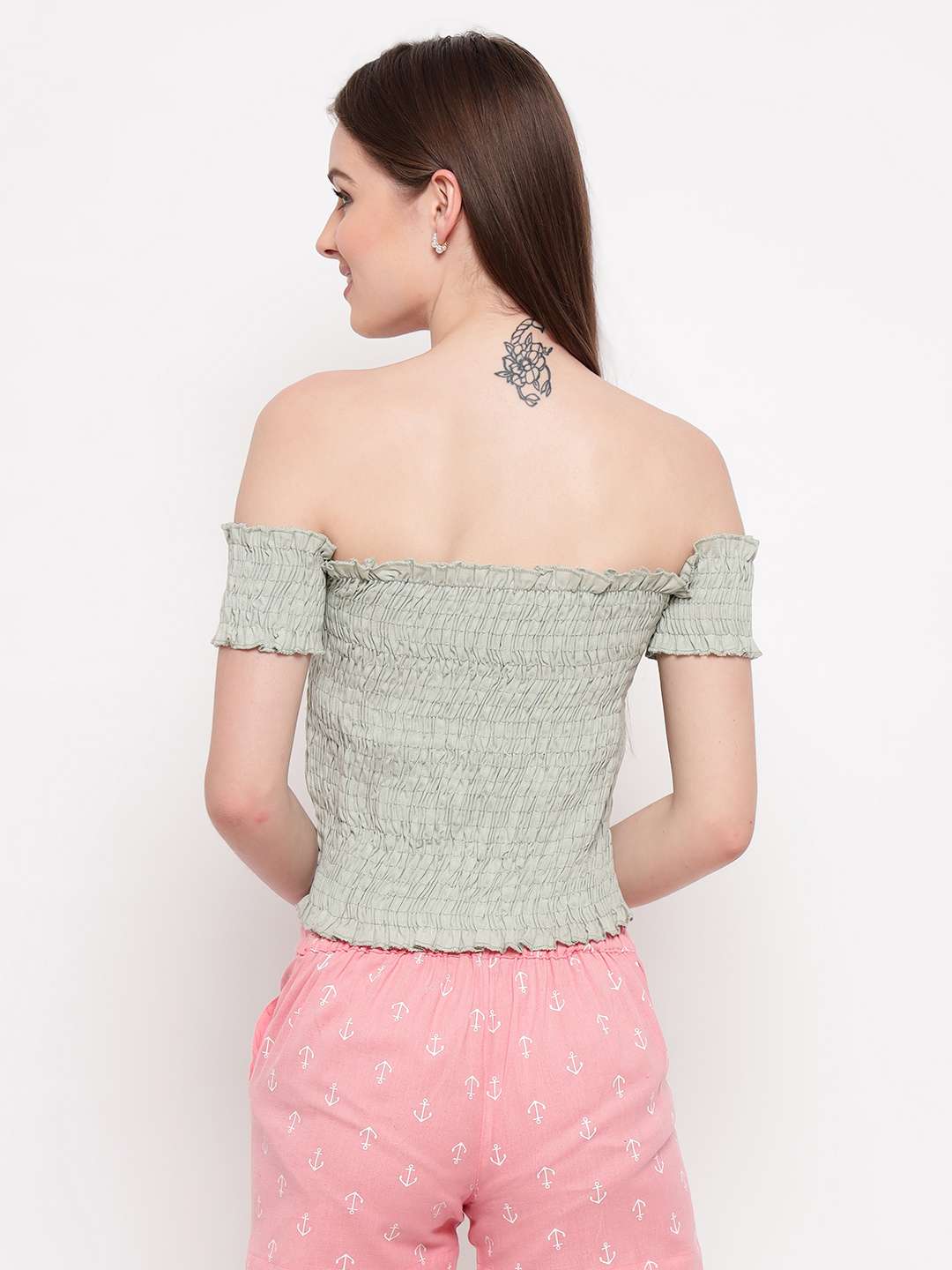 Women's Rayon Solid Off-Shoulder Smocked Crop Top Short Sleeve Casual Styles Tank Top (FREE SIZE) Multi21