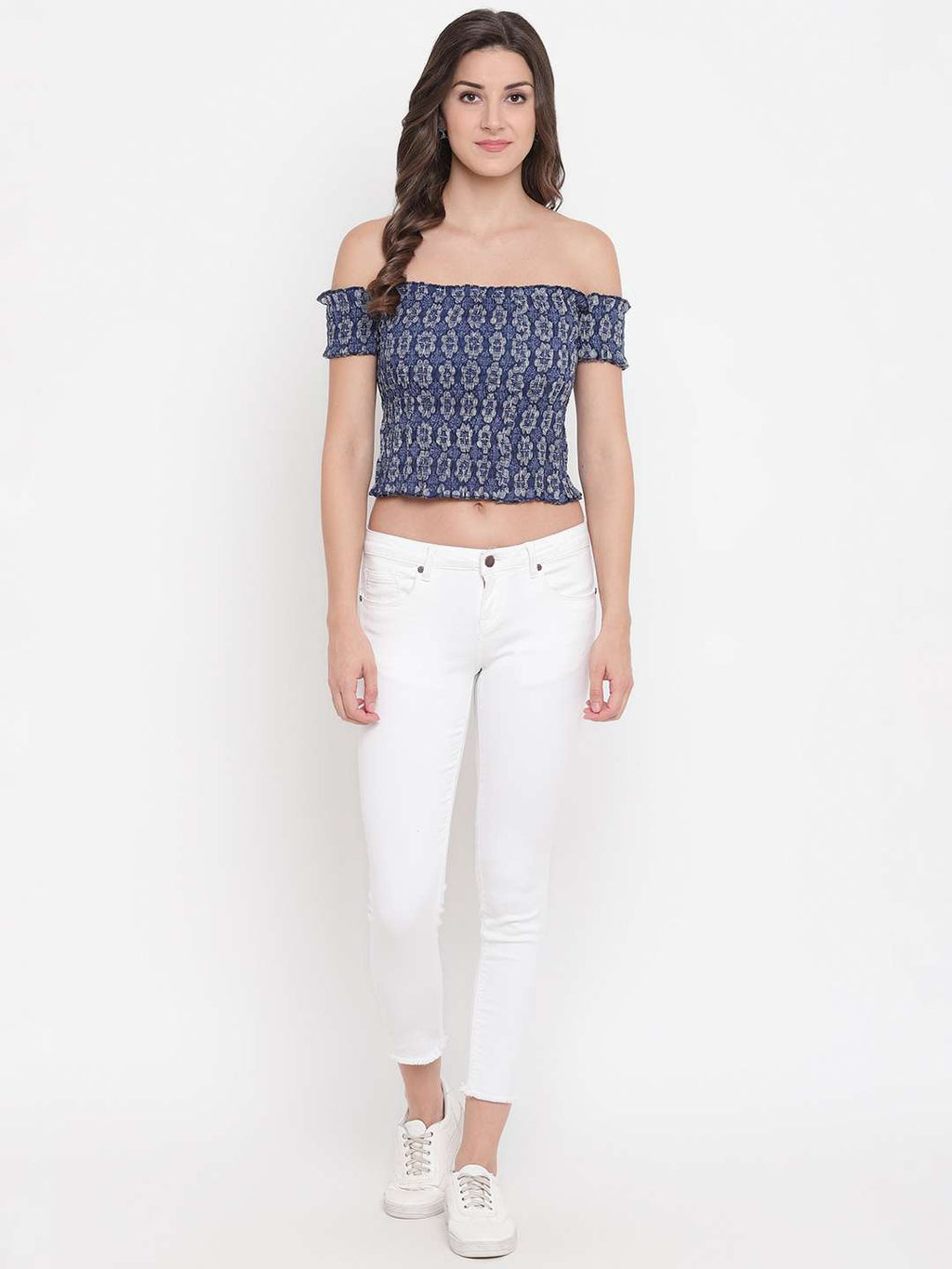 Women's Rayon Printed Off-Shoulder Smocked Crop Top Short Sleeve Casual Styles Tank Top (FREE SIZE) Multi42