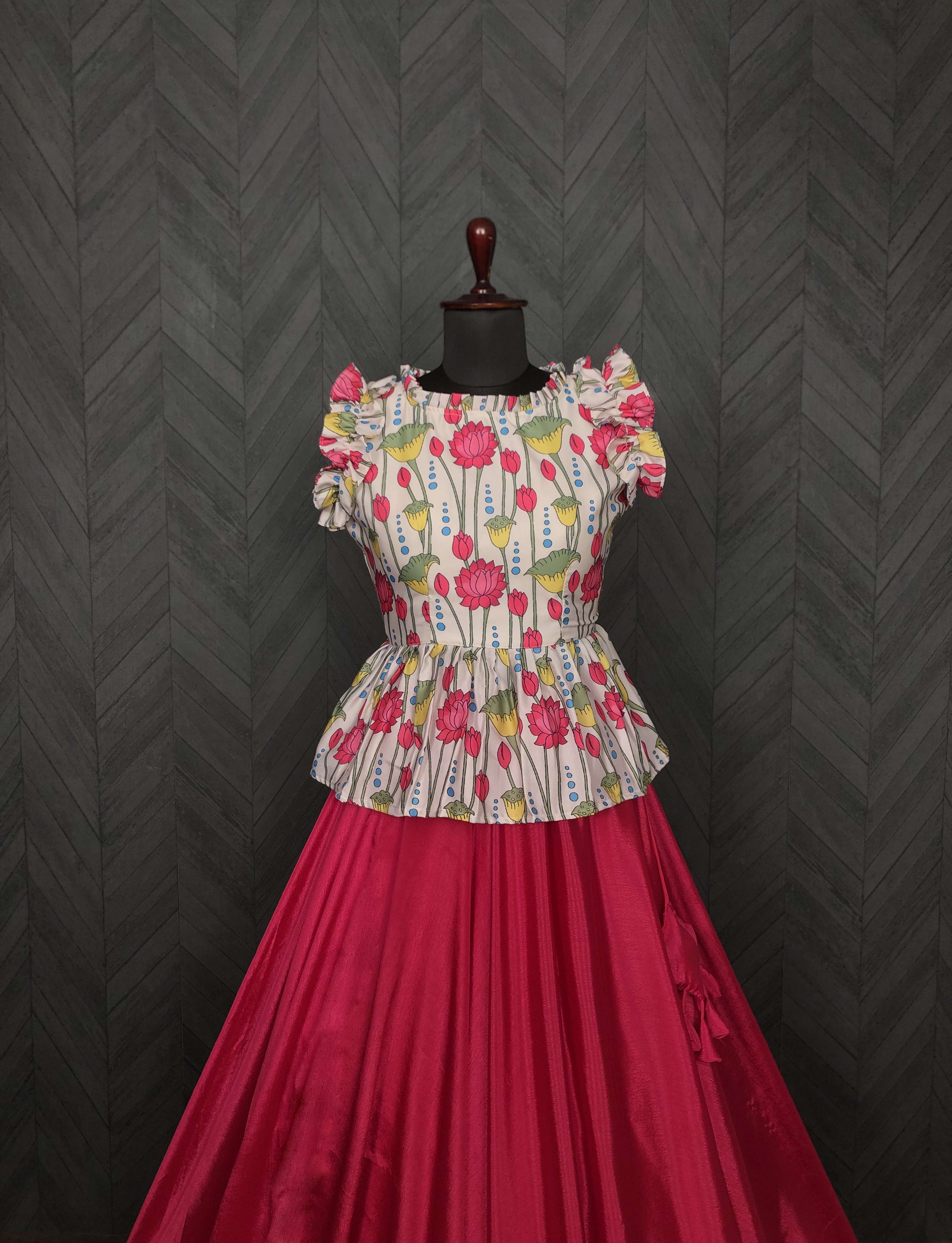 Premium Chinnon Lehenga with Kalamkari Print Maslin Satin Peplum Blouse