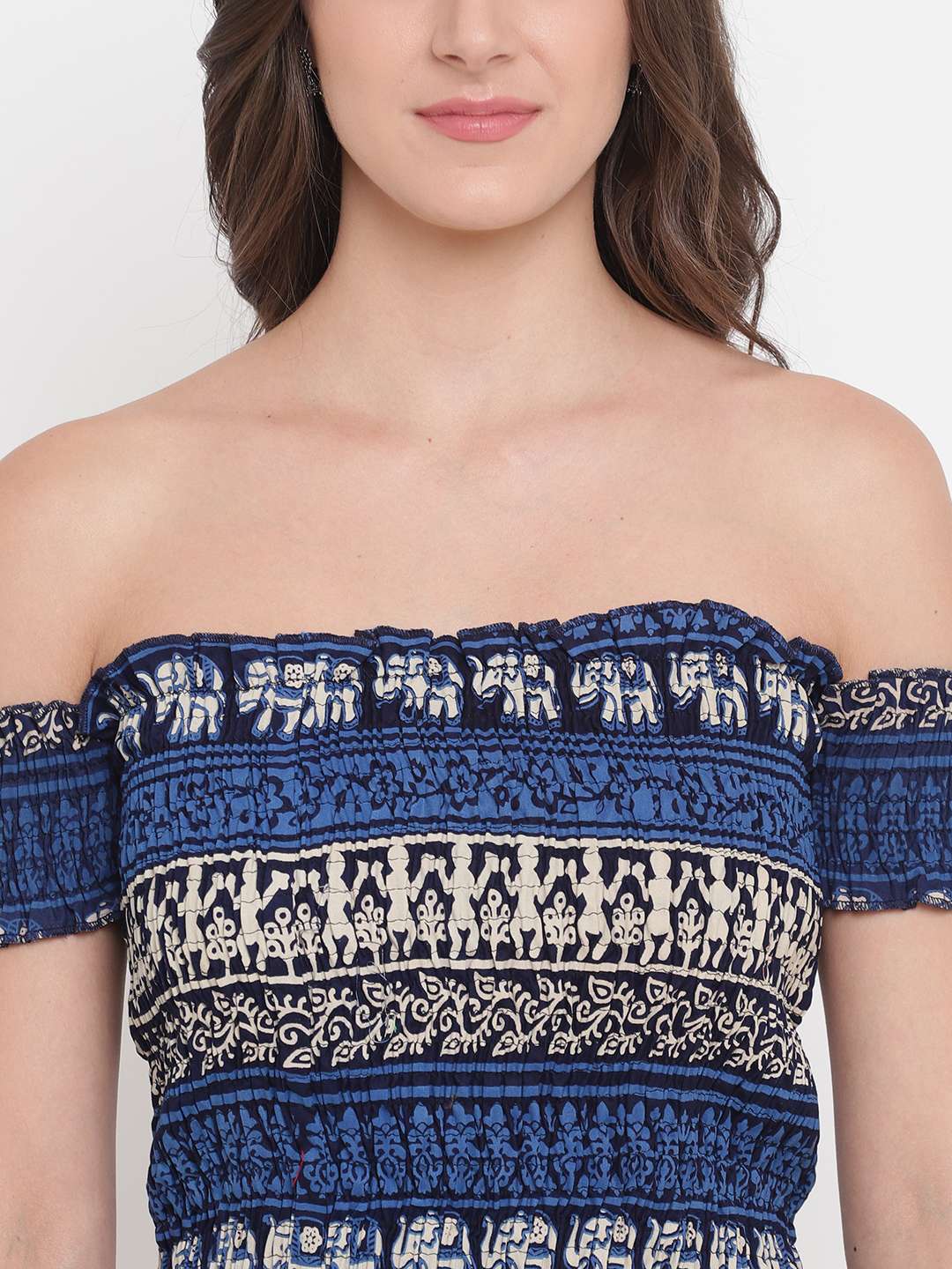 Women's Rayon Printed Off-Shoulder Smocked Crop Top Short Sleeve Casual Styles Tank Top (FREE SIZE) Multi1