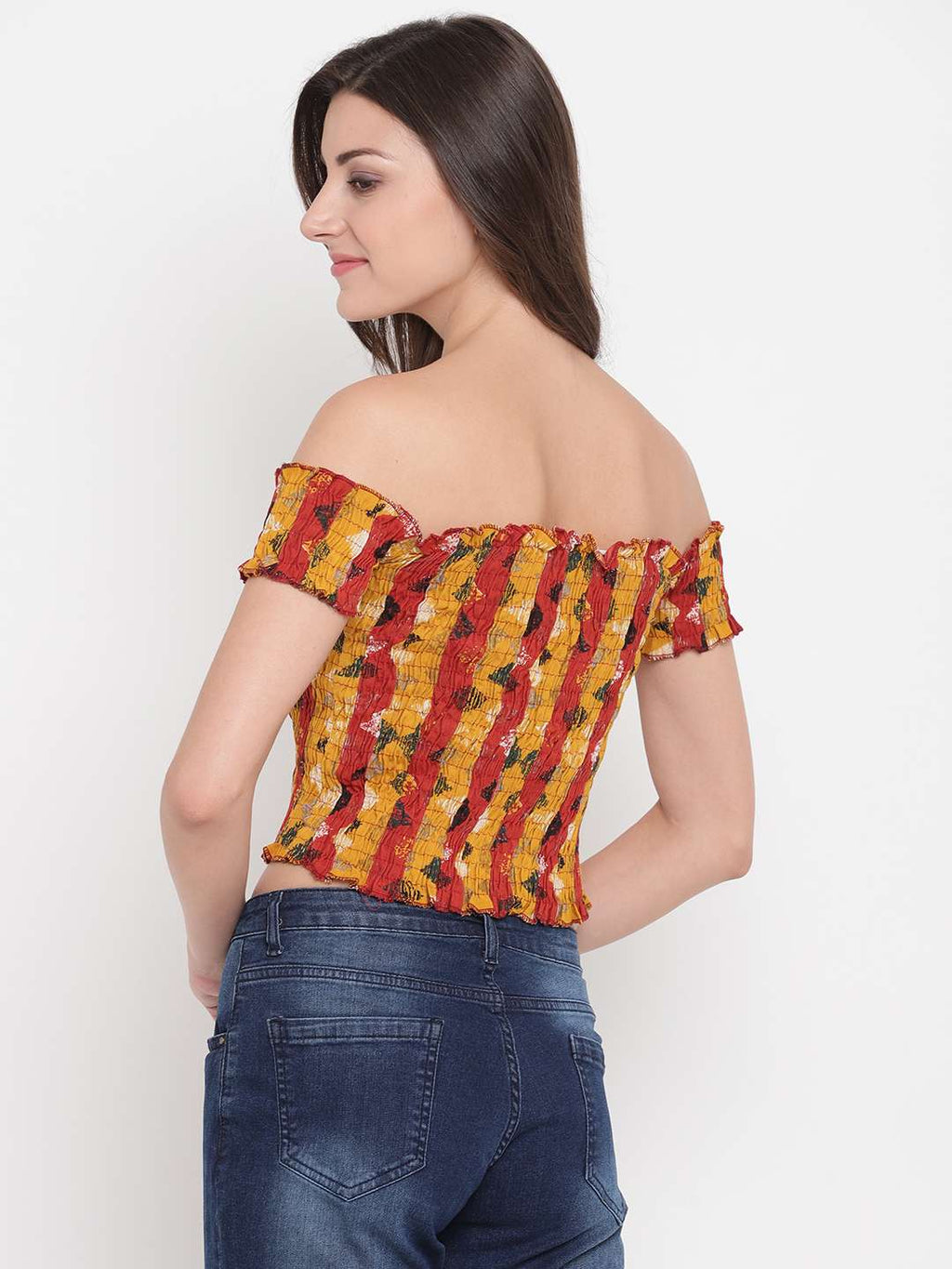 Women's Rayon Printed Off-Shoulder Smocked Crop Top Short Sleeve Casual Styles Tank Top (FREE SIZE) Multi39