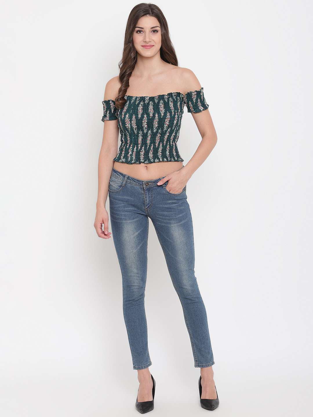 Women's Rayon Printed Off-Shoulder Smocked Crop Top Short Sleeve Casual Styles Tank Top (FREE SIZE) Multi37