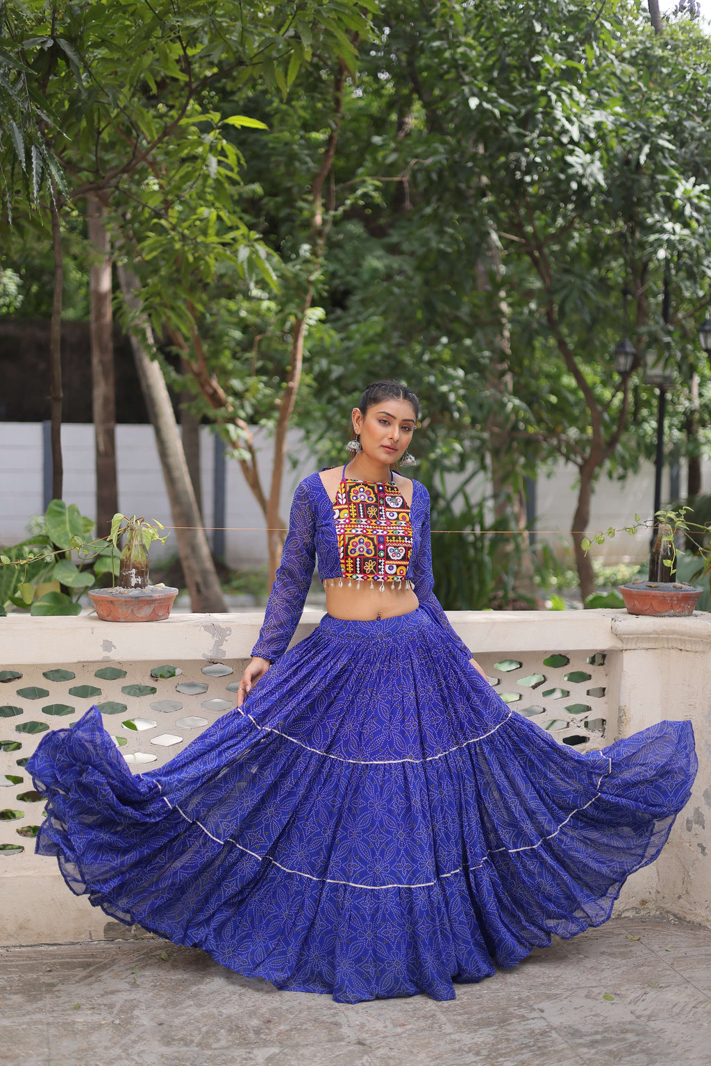 Faux Georgette Bandhej Frilled Navratri Lehenga Choli Set